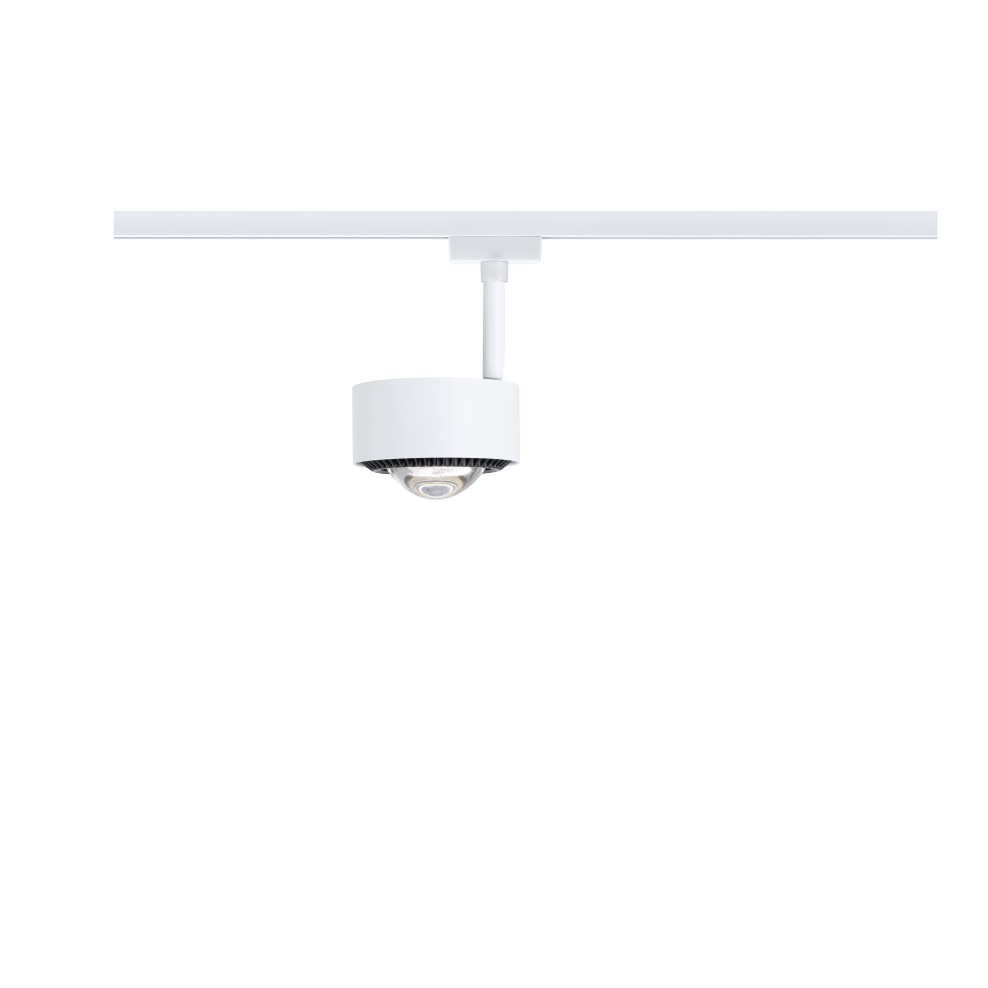 Moderner weißer LED-Strahler aus Metall an Schienensystem für flexible Beleuchtung