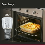 Clear glass oven lamp bulb with metal base, heat resistant up to 300 degrees Celsius