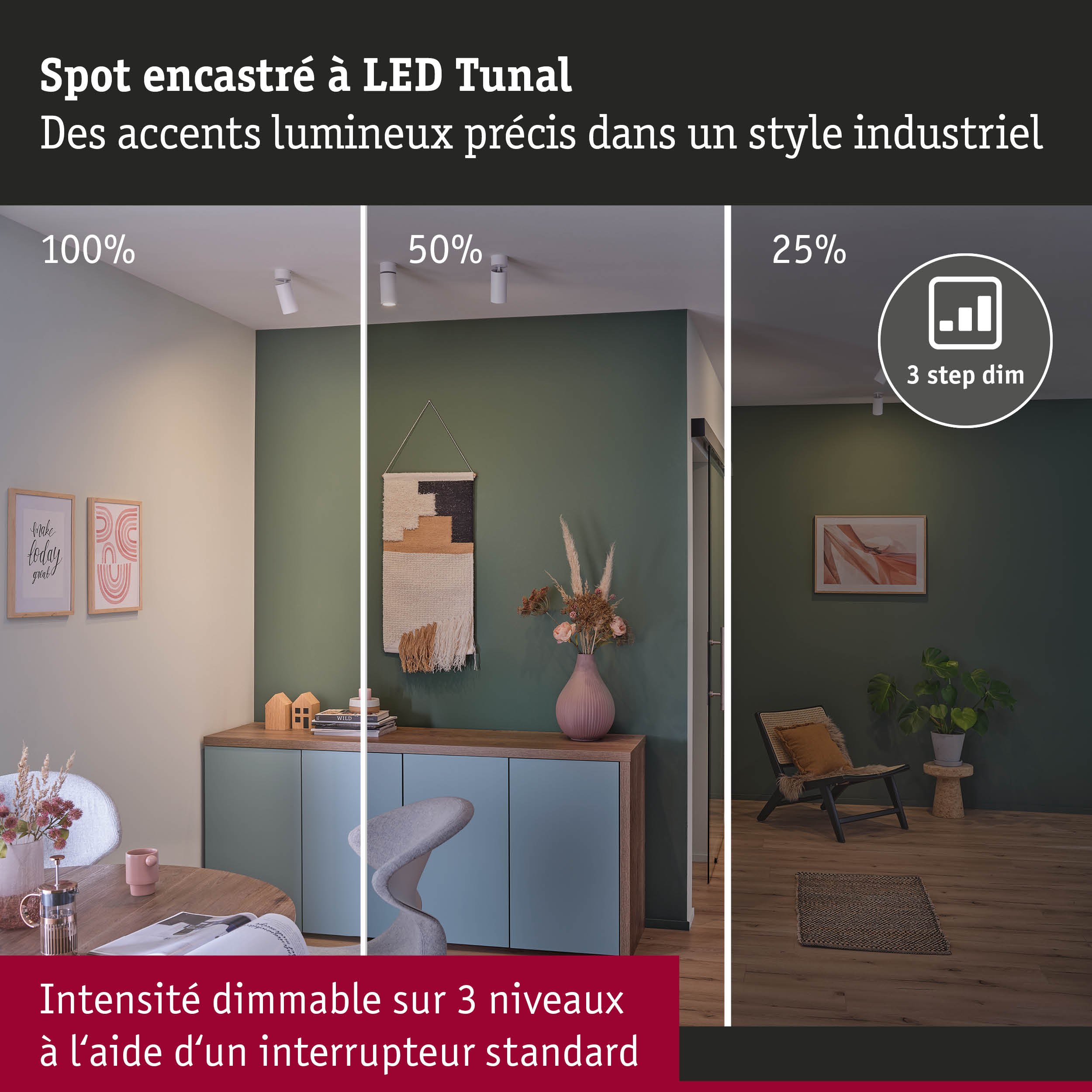Trois spots LED blancs encastrés style industriel avec intensité dimmable dans un salon moderne