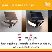 Lampe solaire noire avec trois projecteurs LED blancs sur mur blanc, vue jour et nuit
