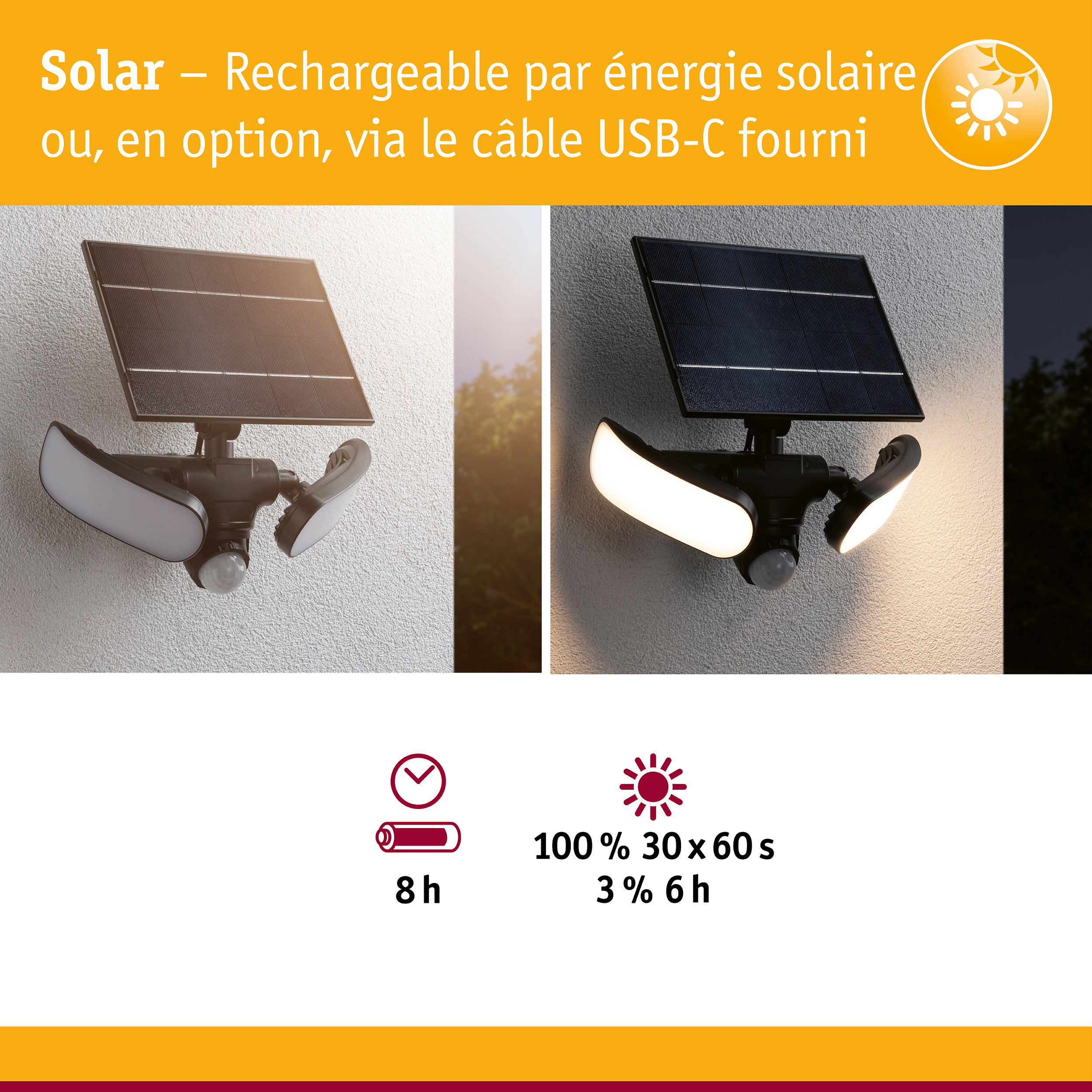 Lampe solaire noire avec trois projecteurs LED blancs sur mur blanc, vue jour et nuit