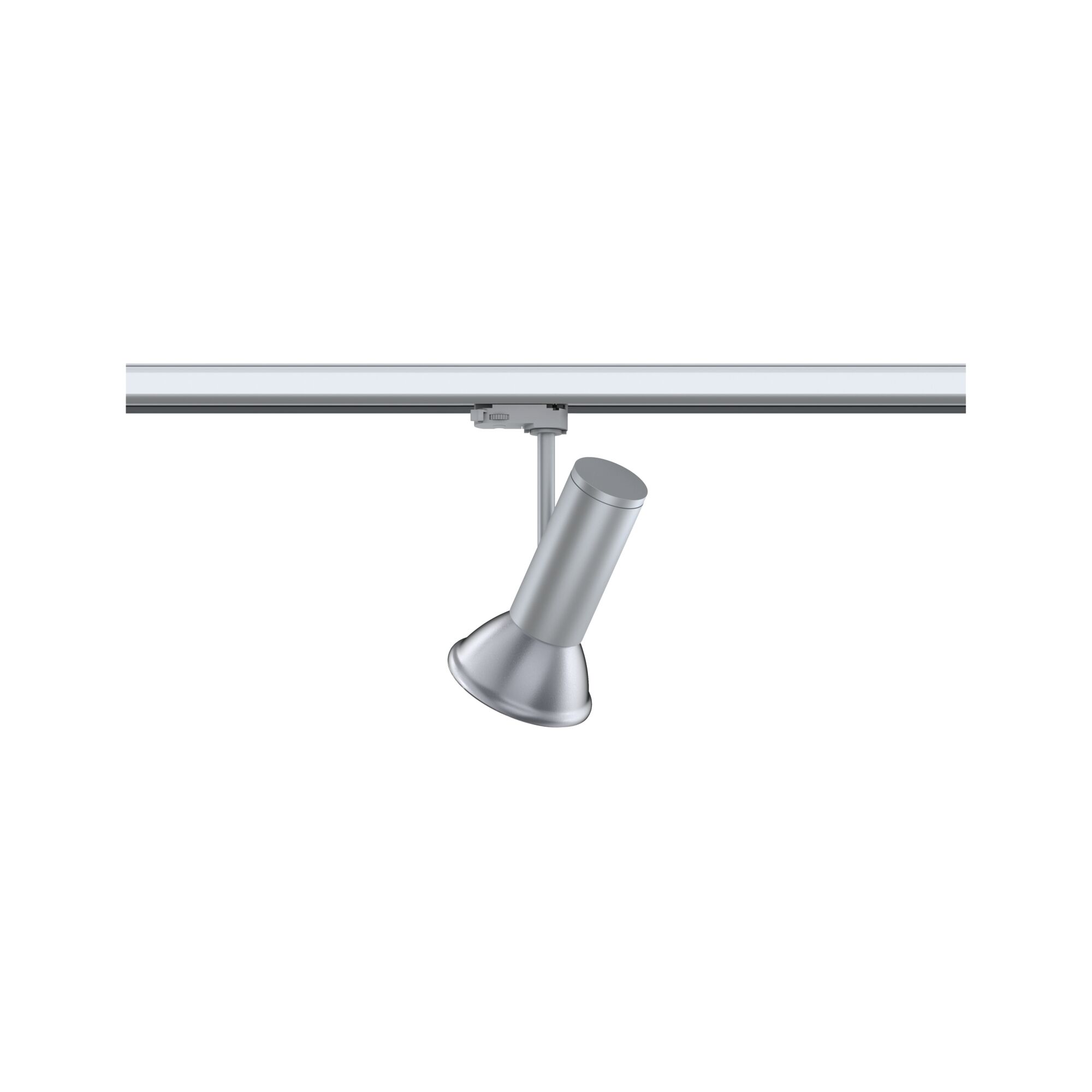 Silberner LED-Strahler aus Metall an Schienensystem für flexible Beleuchtung im Innenraum