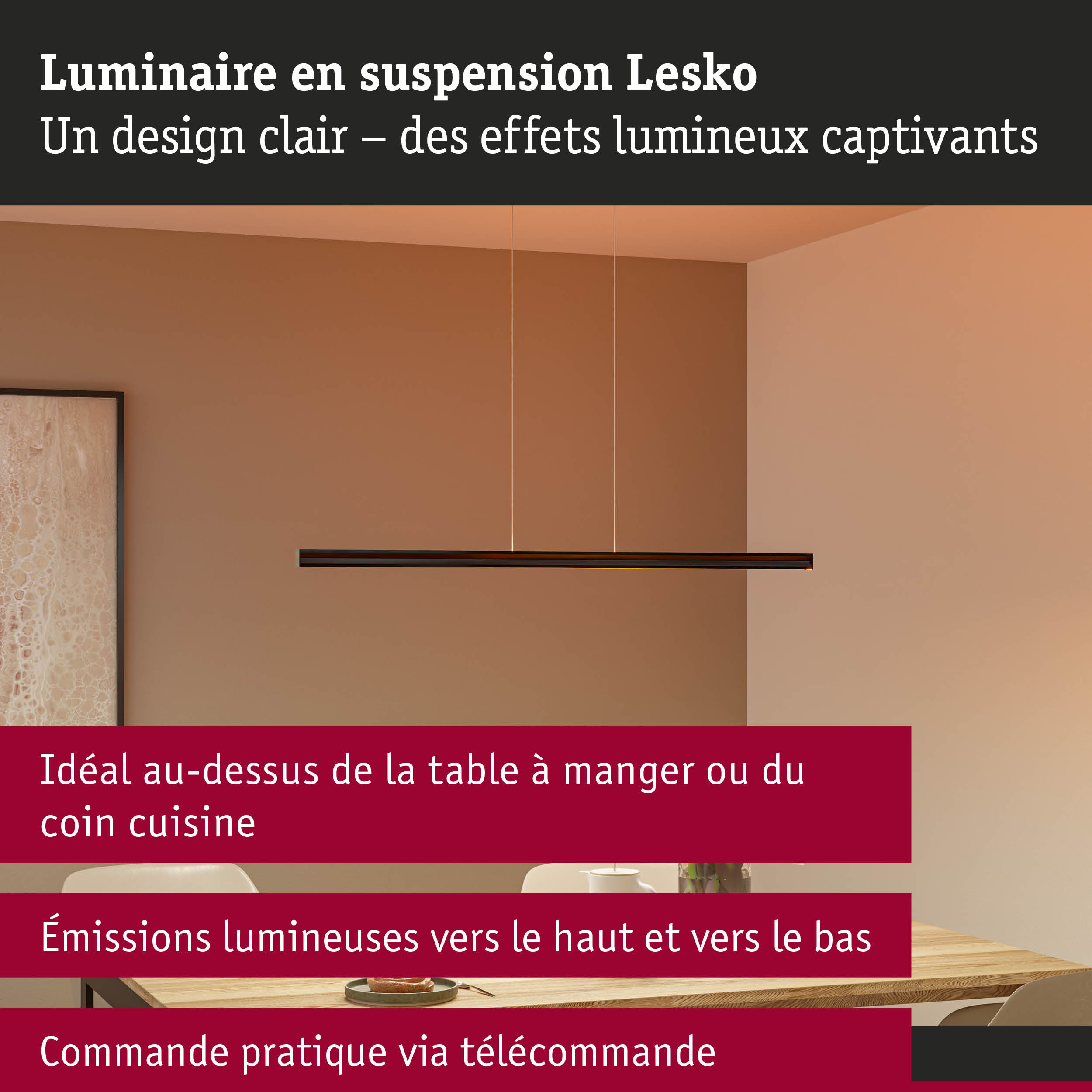 Luminaire suspendu Lesko noir en métal au-dessus d'une table en bois clair dans une salle à manger moderne