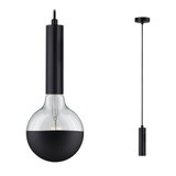 Modern black pendant light with semi-transparent glass and fabric cable for stylish room lighting
