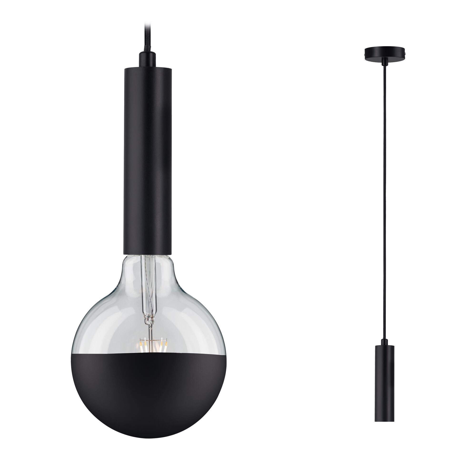 Neordic Hanglamp Kine E27 max. 60W Zwart dimbaar Metaal Moderne zwarte hanglamp met halfdoorzichtig glas en stoffen kabel voor stijlvolle verlichting