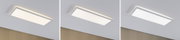 Dreiteiliges Bild einer weißen rechteckigen LED-Deckenleuchte mit variabler Lichtfarbe und moderner Optik