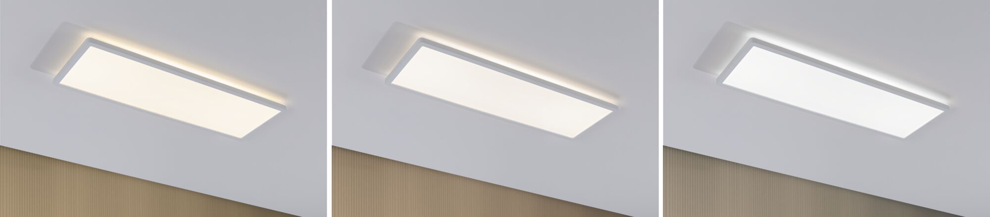 Dreiteiliges Bild einer weißen rechteckigen LED-Deckenleuchte mit variabler Lichtfarbe und moderner Optik