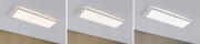Dreiteiliges Bild einer weißen rechteckigen LED-Deckenleuchte mit variabler Lichtfarbe und moderner Optik