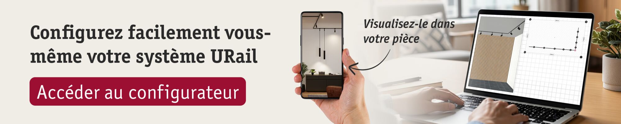 Personne utilise le configurateur du système d'éclairage URail sur ordinateur et smartphone pour visualiser la pièce