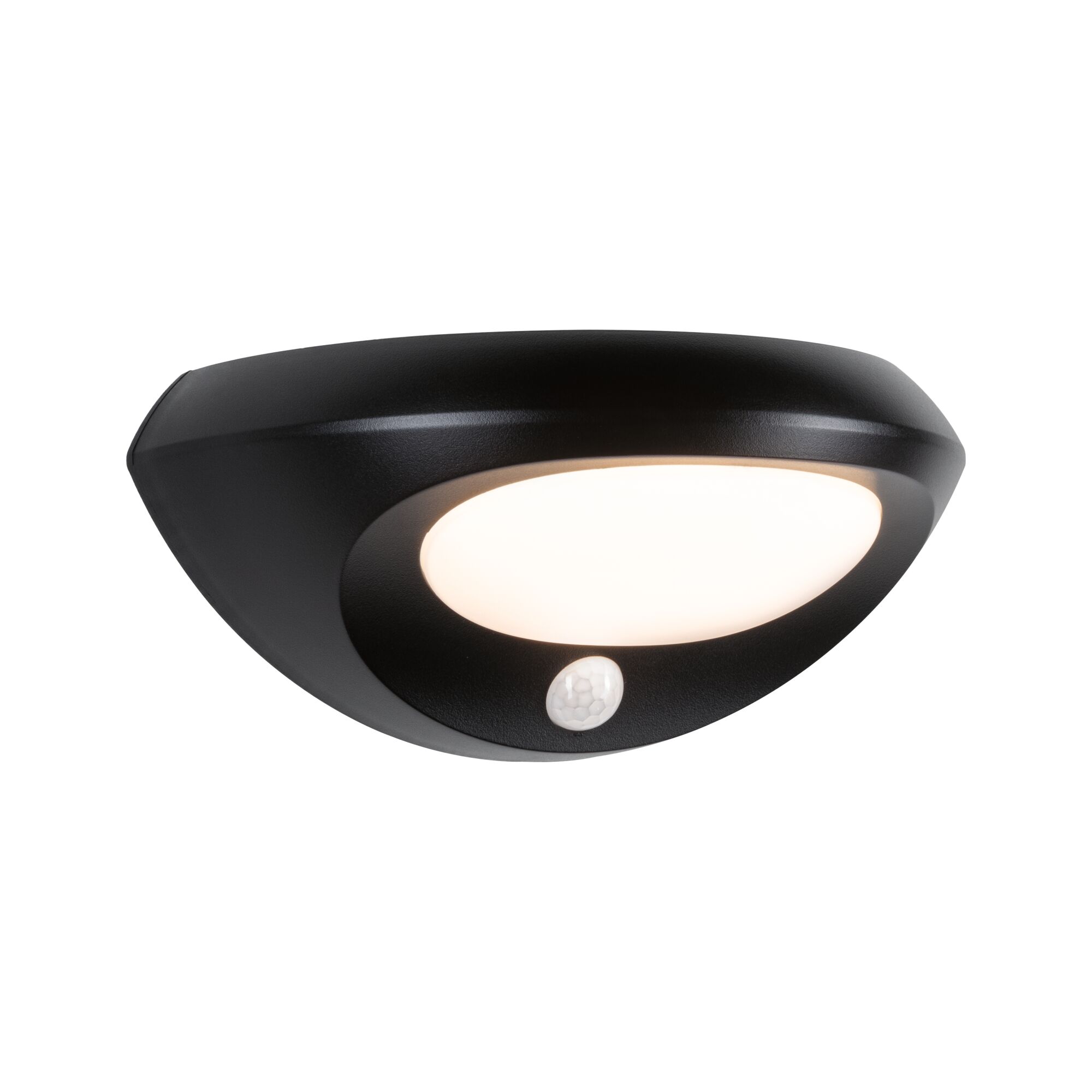Black LED wall light with motion sensor and white diffuser for energy-efficient outdoor lighting