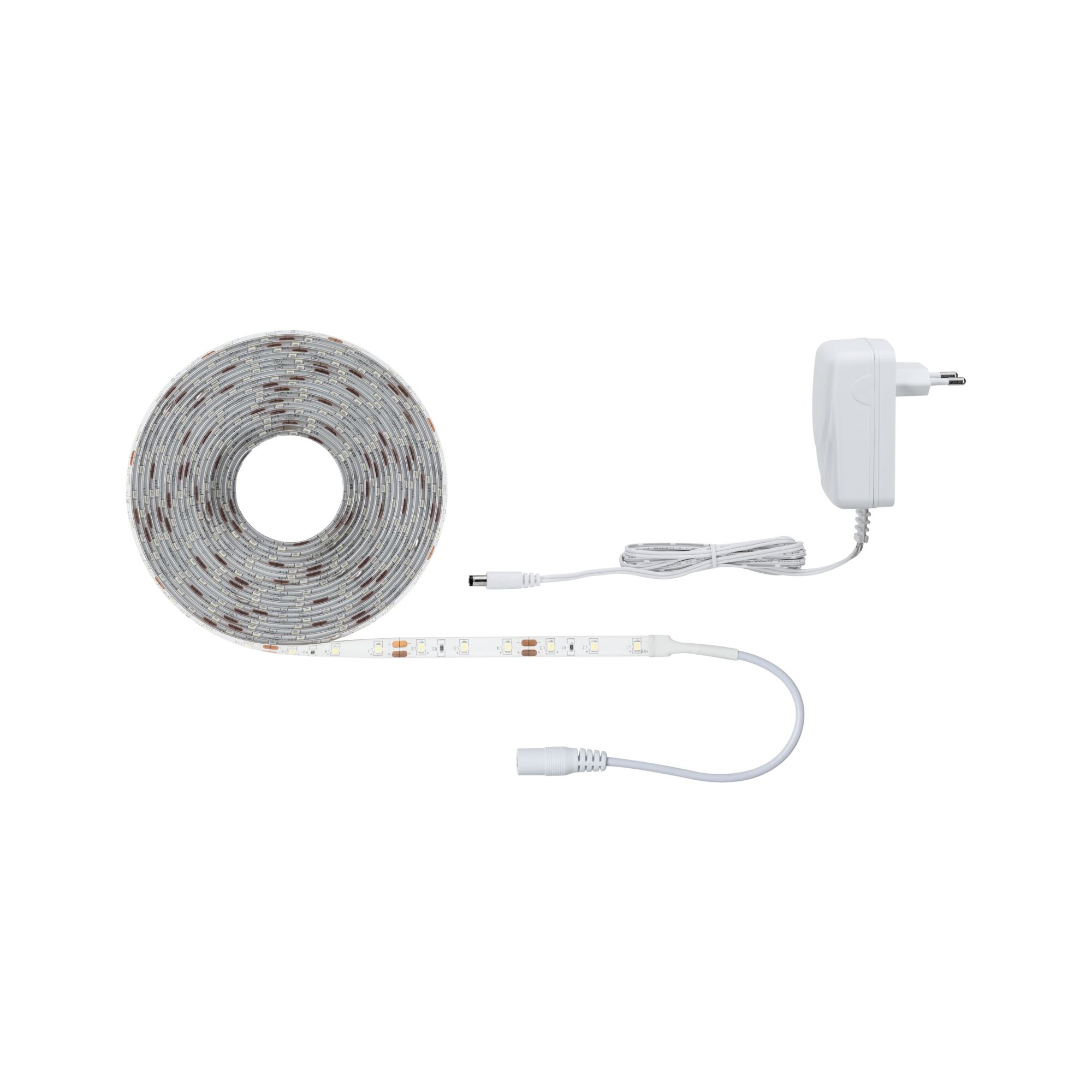 White LED strip light with power adapter and connector cable for flexible lighting setups.