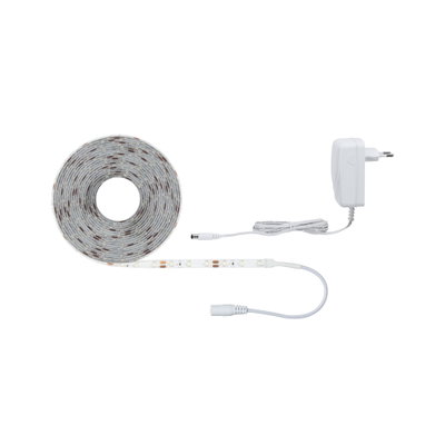 Bande LED blanche avec adaptateur secteur et câble de connexion pour éclairage flexible.