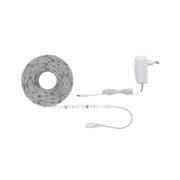 Weiße LED-Lichtleiste mit Netzteil und Anschlusskabel für flexible Beleuchtungslösungen.