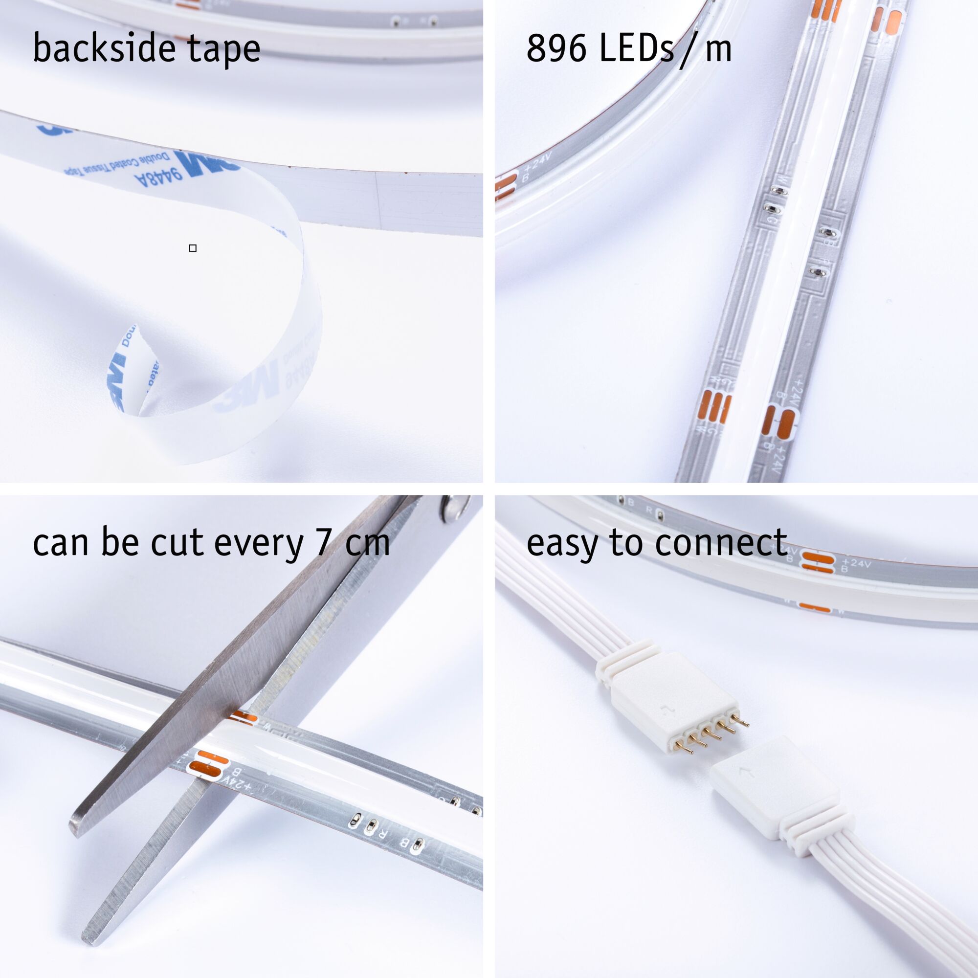LED-Streifen mit 896 LEDs/m, selbstklebendem Band, alle 7 cm schneidbar und einfachem Steckverbinder