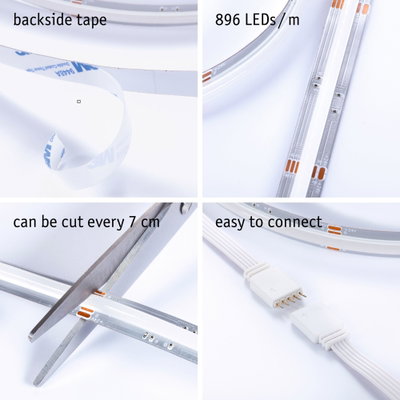 LED strip with 896 LEDs/m, adhesive tape backing, cuttable every 7 cm, easy to connect with plug