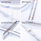 LED strip with 896 LEDs/m, adhesive tape backing, cuttable every 7 cm, easy to connect with plug