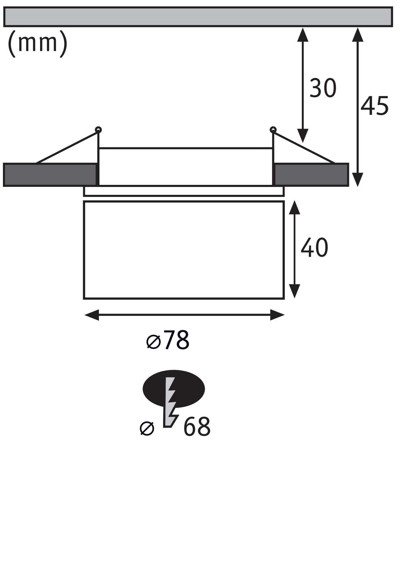 Technical drawing showing dimensions of round recessed light fixture with 78 mm diameter and 45 mm depth
