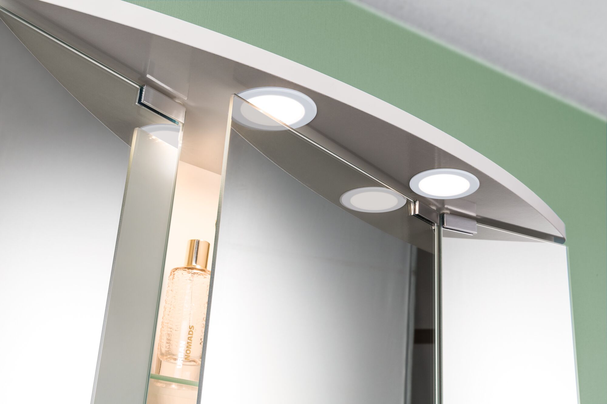Round white LED bathroom mirror cabinet light with integrated switch and modern design