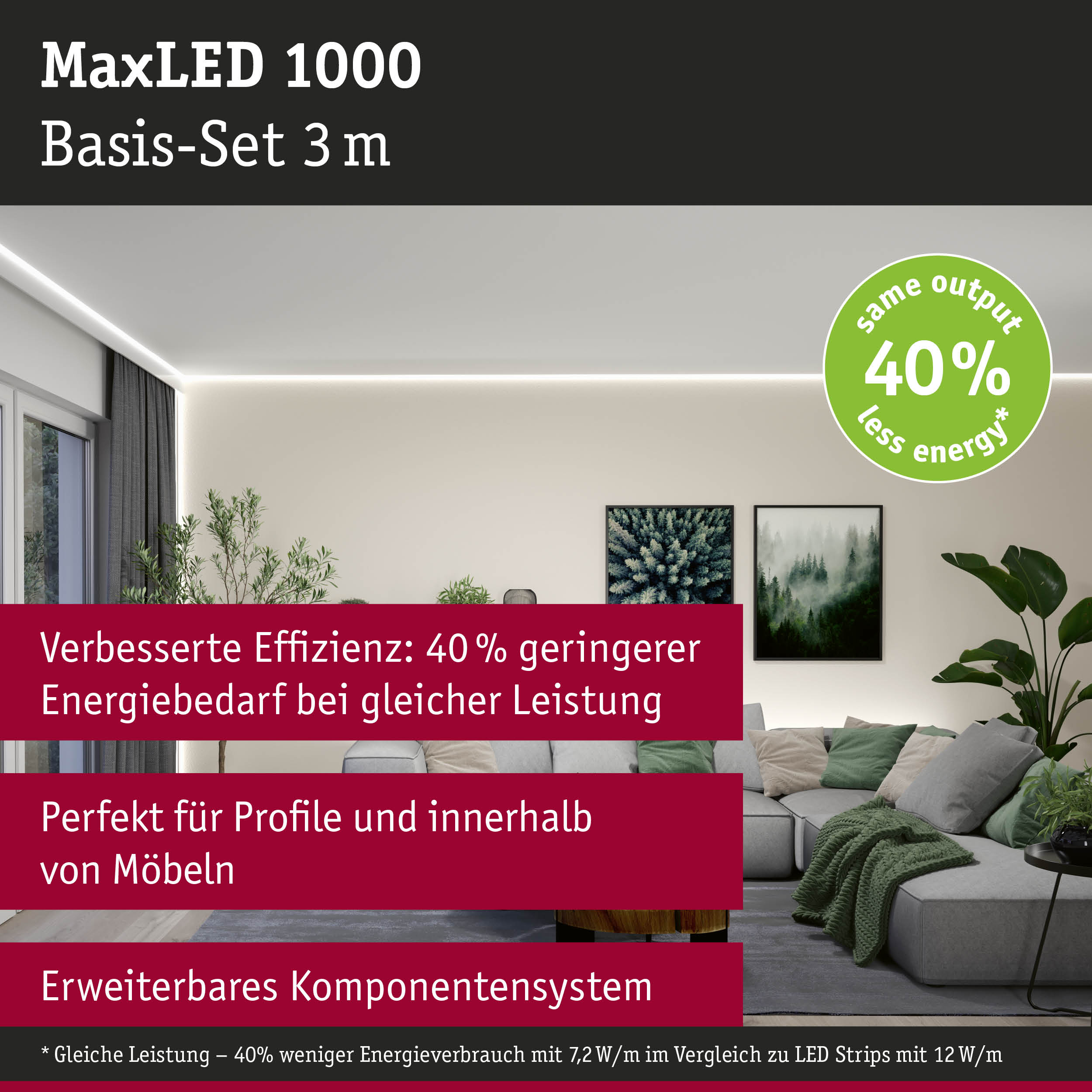 MaxLED 1000 LED-Lichtleiste 3 m in Weiß für energiesparende Raumbeleuchtung mit erweiterbarem System