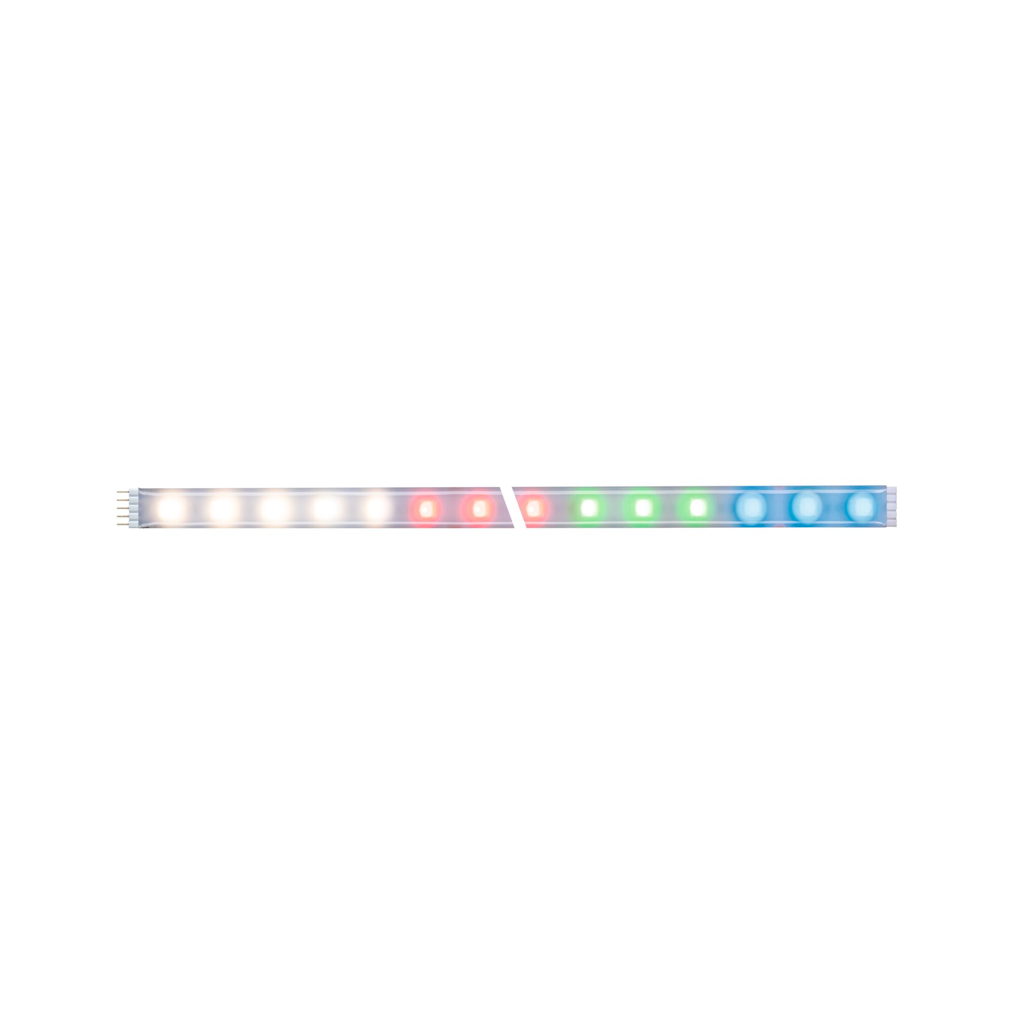 Colorful LED strip light with warm white, red, green, and blue LEDs for versatile lighting effects.