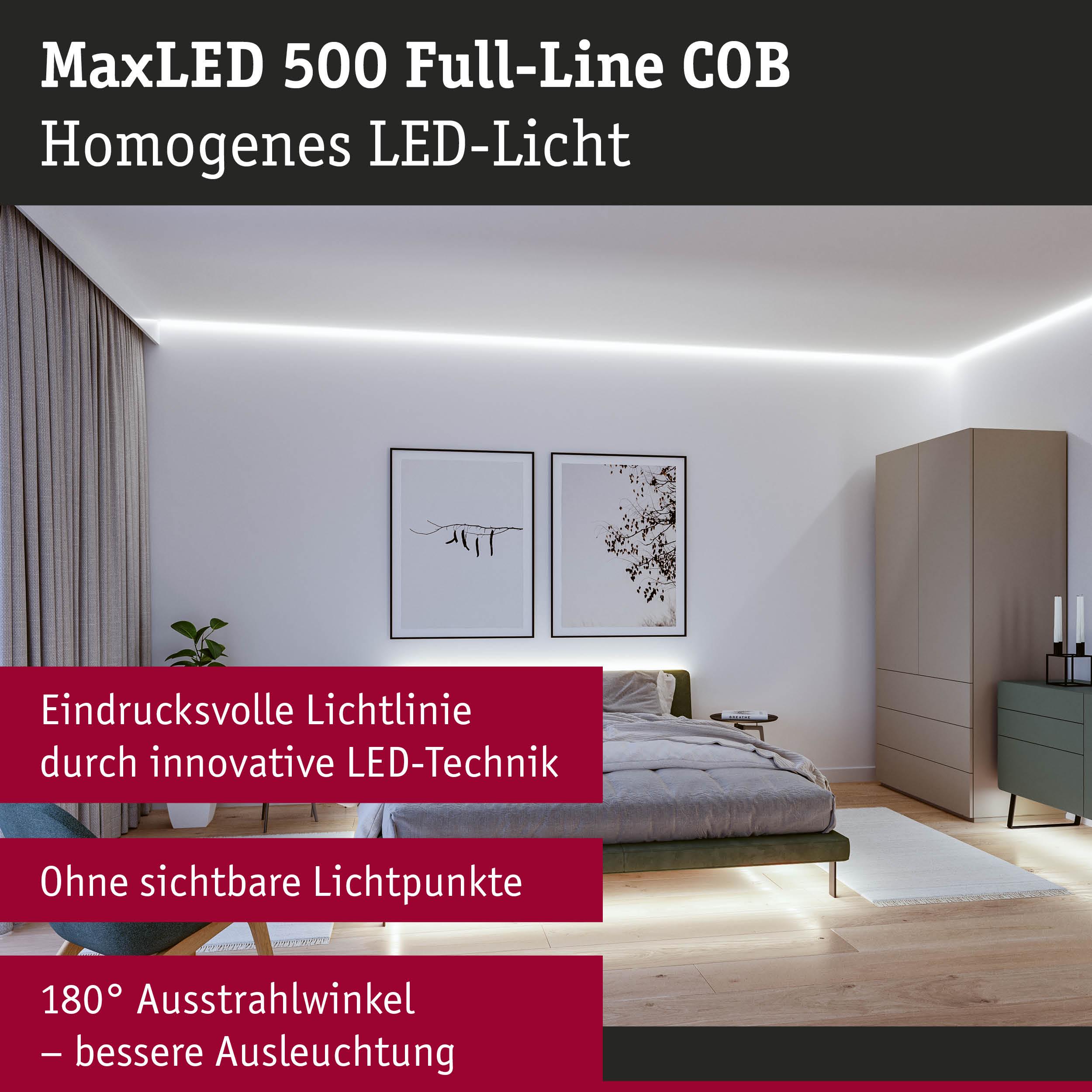 Modernes Schlafzimmer mit MaxLED 500 Full-Line COB LED-Lichtlinie in Weiß für homogene Raumbeleuchtung