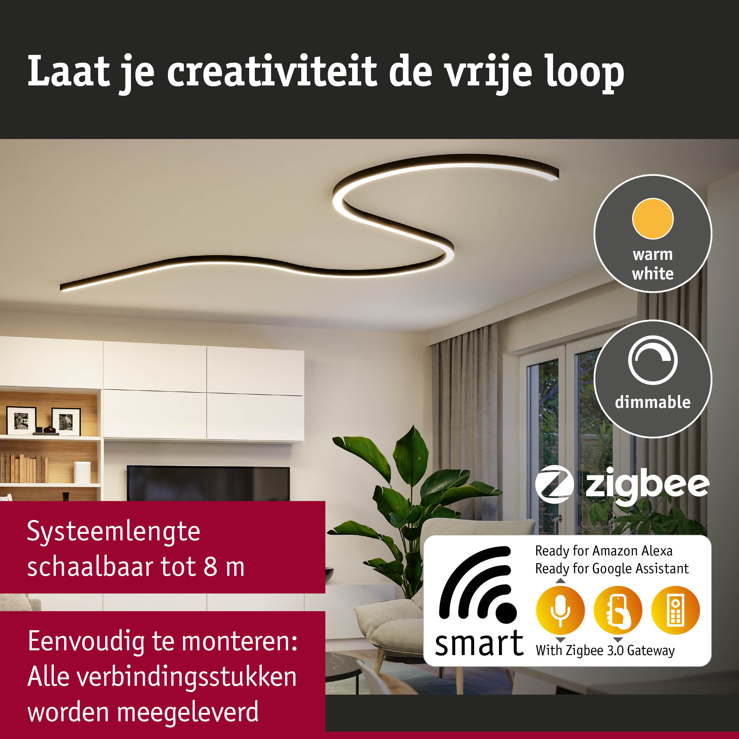 Moderne dimbare LED-plafondlamp in warm wit met flexibele systeemplaats tot 8 m voor smart home.