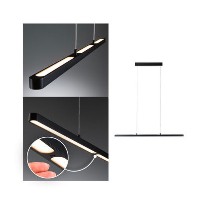 Black aluminum LED pendant light with warm white glow and touch dimmer for contemporary interiors