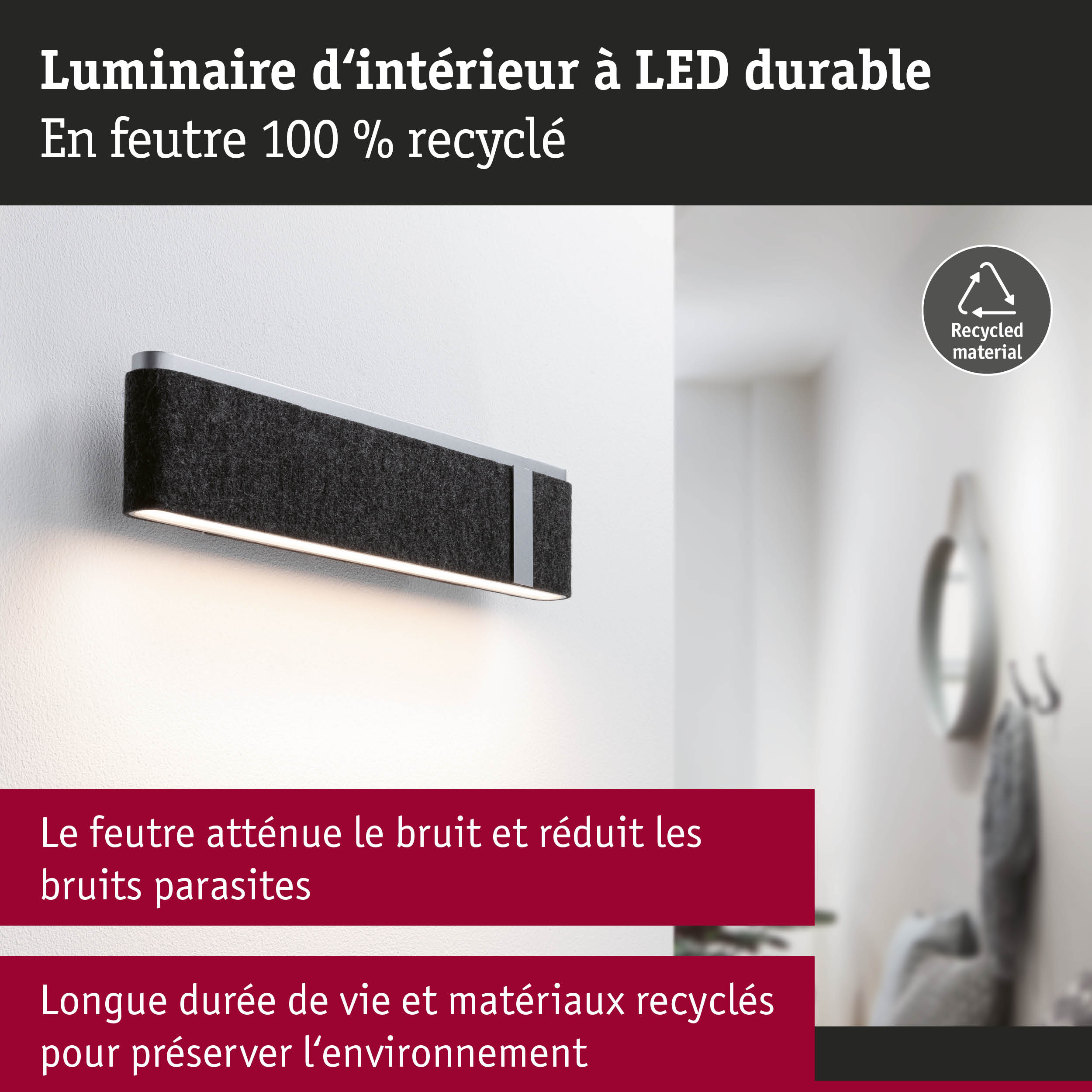 Luminaire mural LED noir en feutre 100 % recyclé avec éclairage durable et réduction du bruit