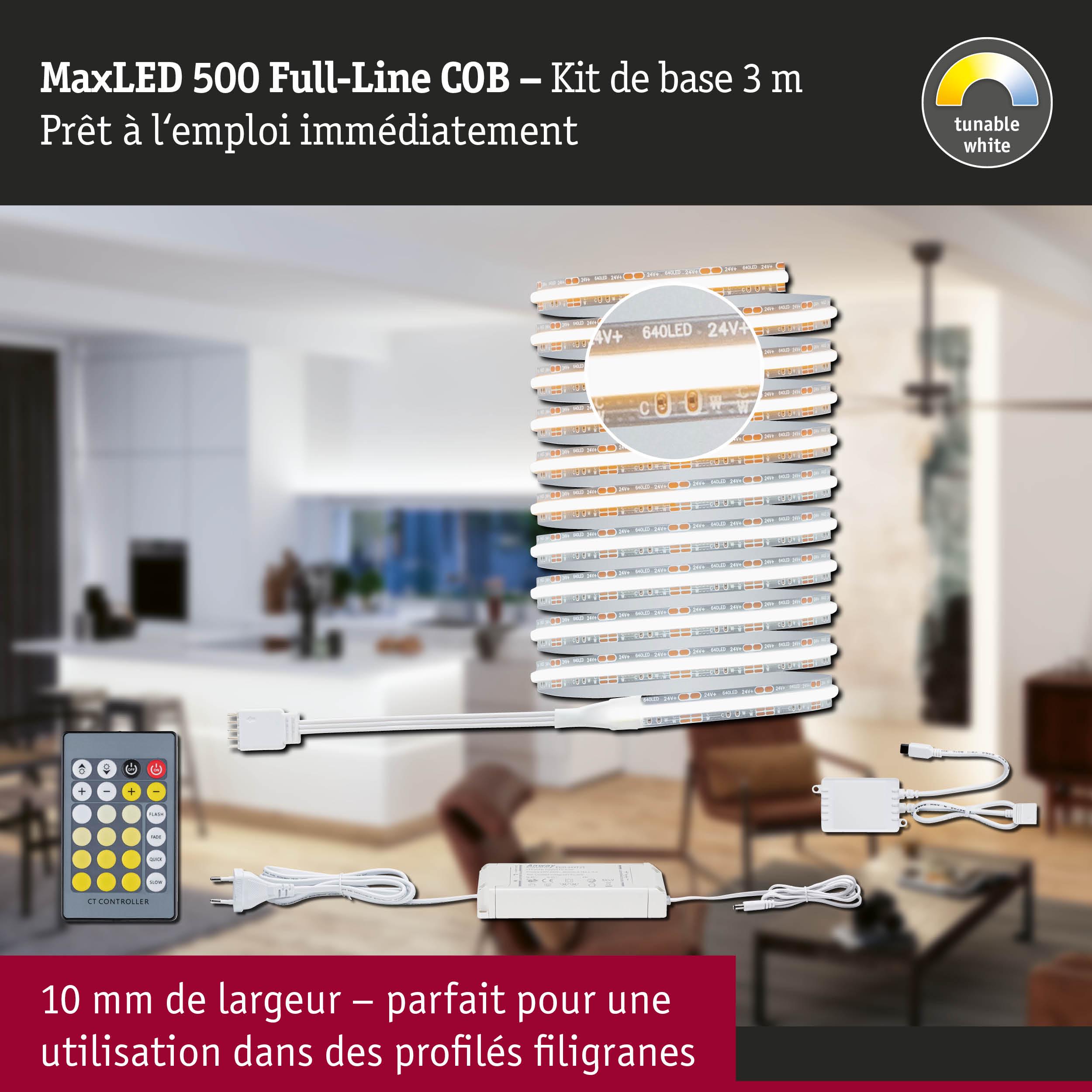 Kit LED MaxLED 500 Full-Line COB 3 m avec télécommande, blanc réglable, largeur fine 10 mm
