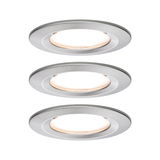 Three round LED recessed lights in brushed aluminum with warm white light for living spaces.