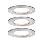 Three round LED recessed lights in brushed aluminum with warm white light for living spaces.