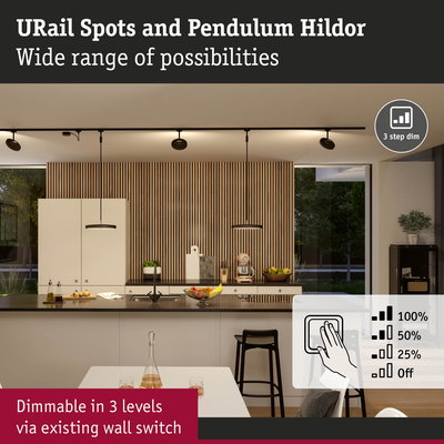 Modern kitchen with dimmable black URail Spots and Pendulum Hildor LED ceiling lights with 3-step dimming