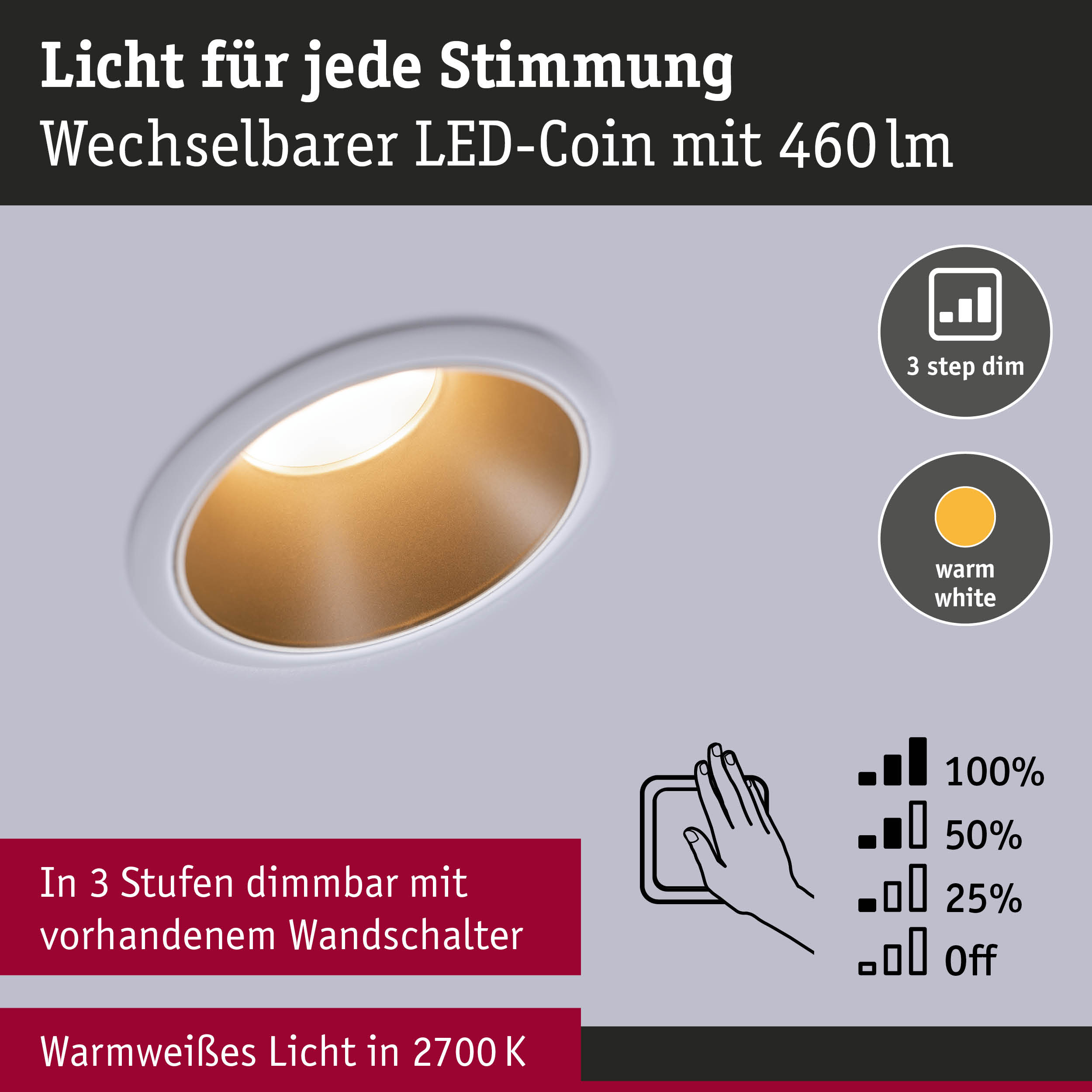 Wechselbarer LED-Coin mit 460lm, warmweißem Licht und 3-Stufen-Dimmung für Wandlichtsteuerung