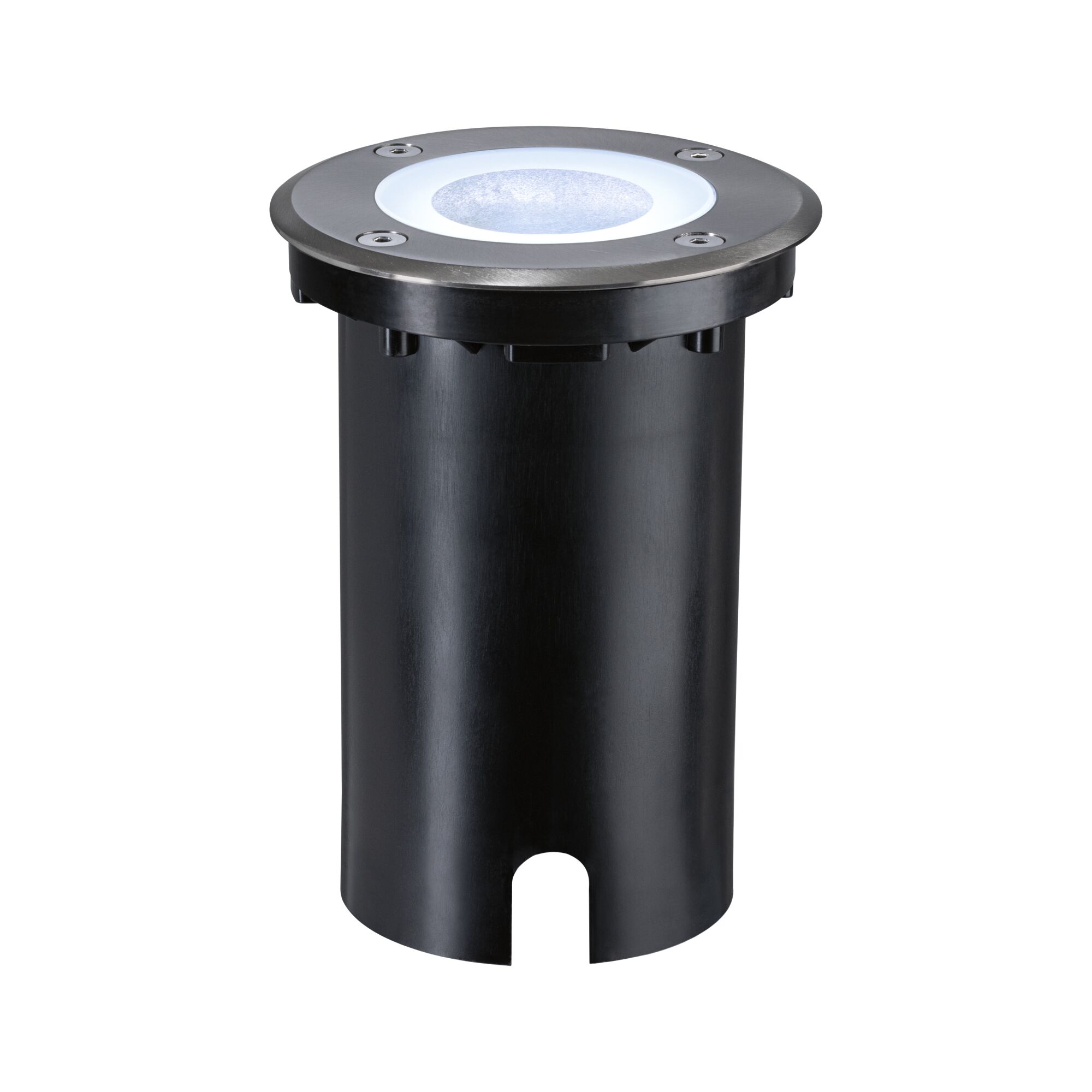 Round black metal recessed floor spotlight with white LED light for outdoor lighting