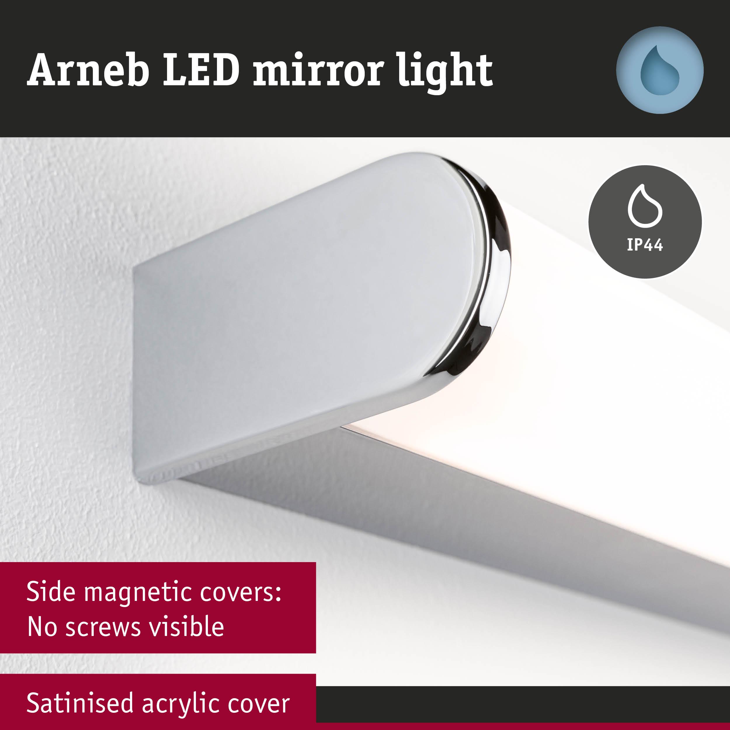 Arneb LED mirror light with satin acrylic cover and chrome magnetic side covers for bathroom lighting