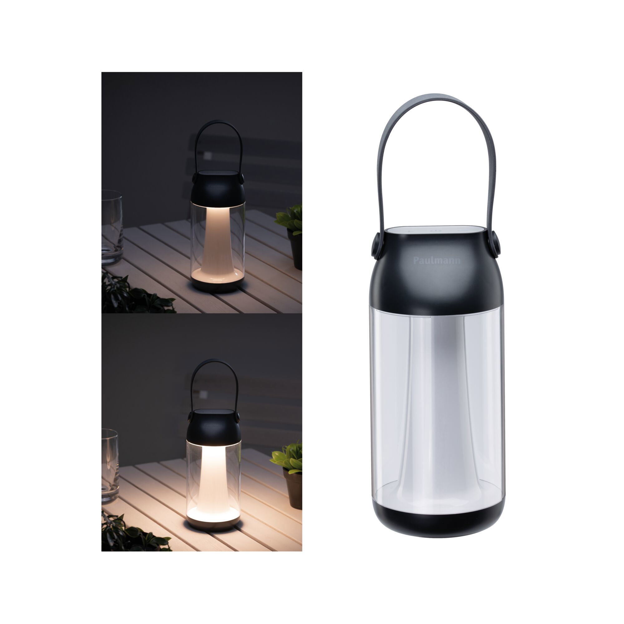 Lanterne LED portable noire en plastique avec lumière blanche chaude pour éclairage extérieur et jardin