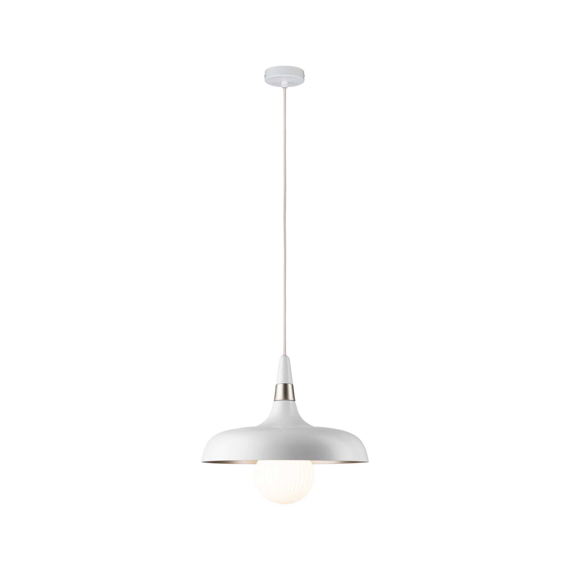 White metal pendant lamp with warm white LED bulb for modern interior lighting