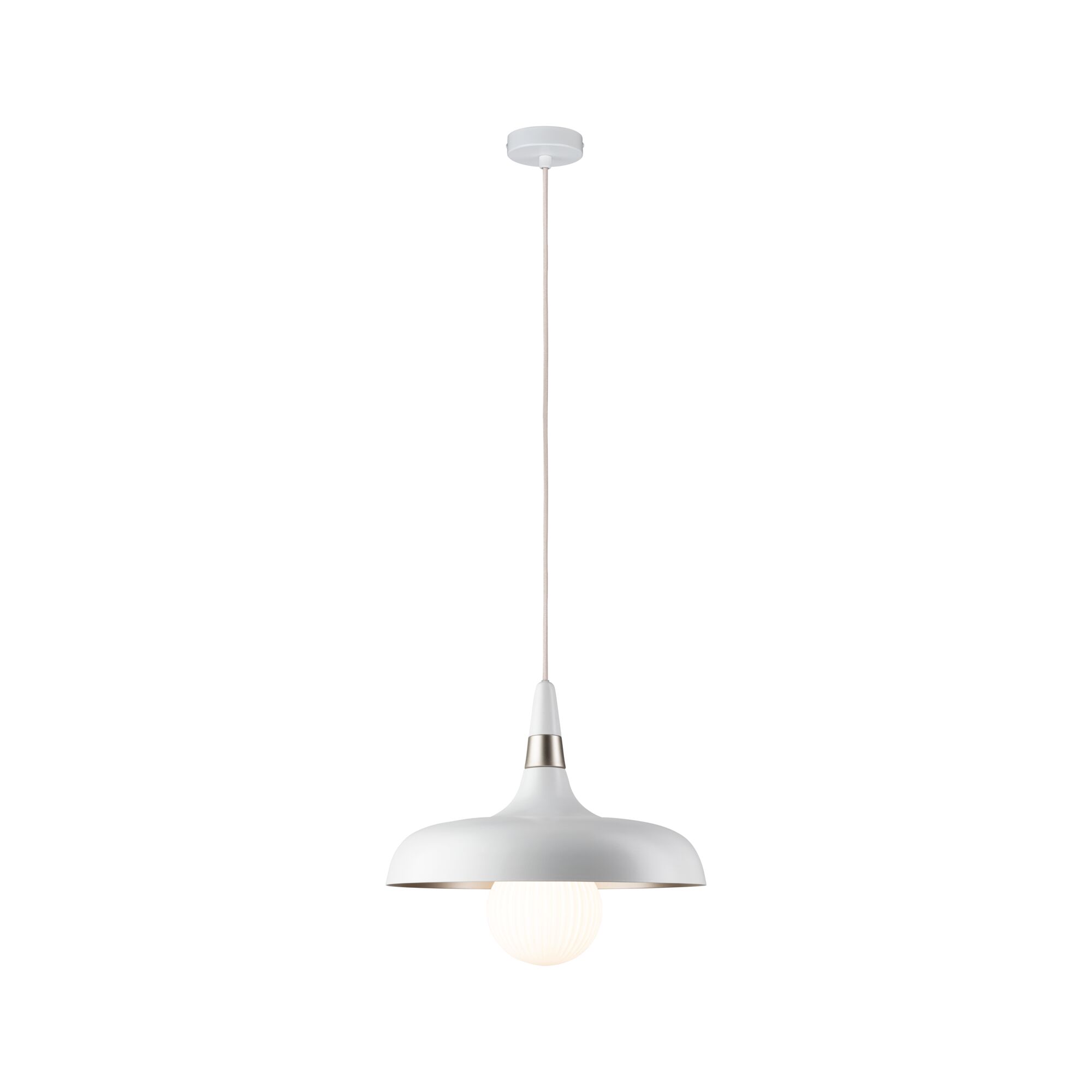 Biała metalowa lampa wisząca z ciepłym białym światłem LED do nowoczesnych wnętrz
