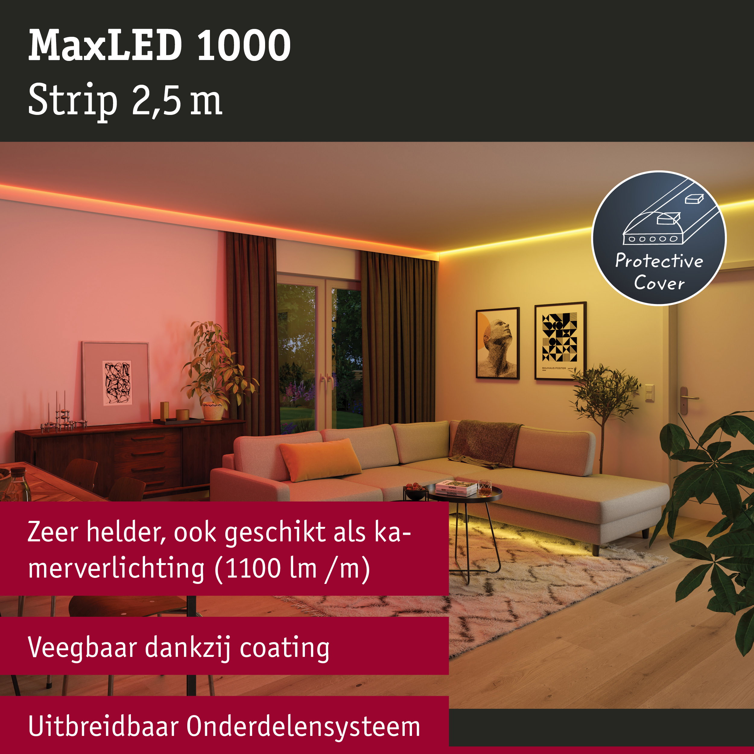 MaxLED 1000 LED-strip 2,5 m met beschermkap voor heldere woonverlichting