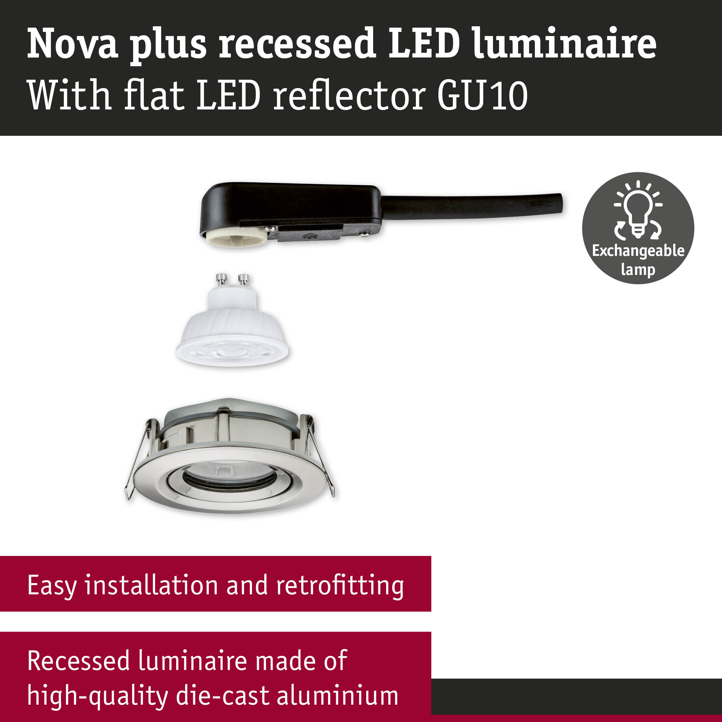 Nova plus recessed LED luminaire made of die-cast aluminium with flat GU10 LED reflector and exchangeable lamp