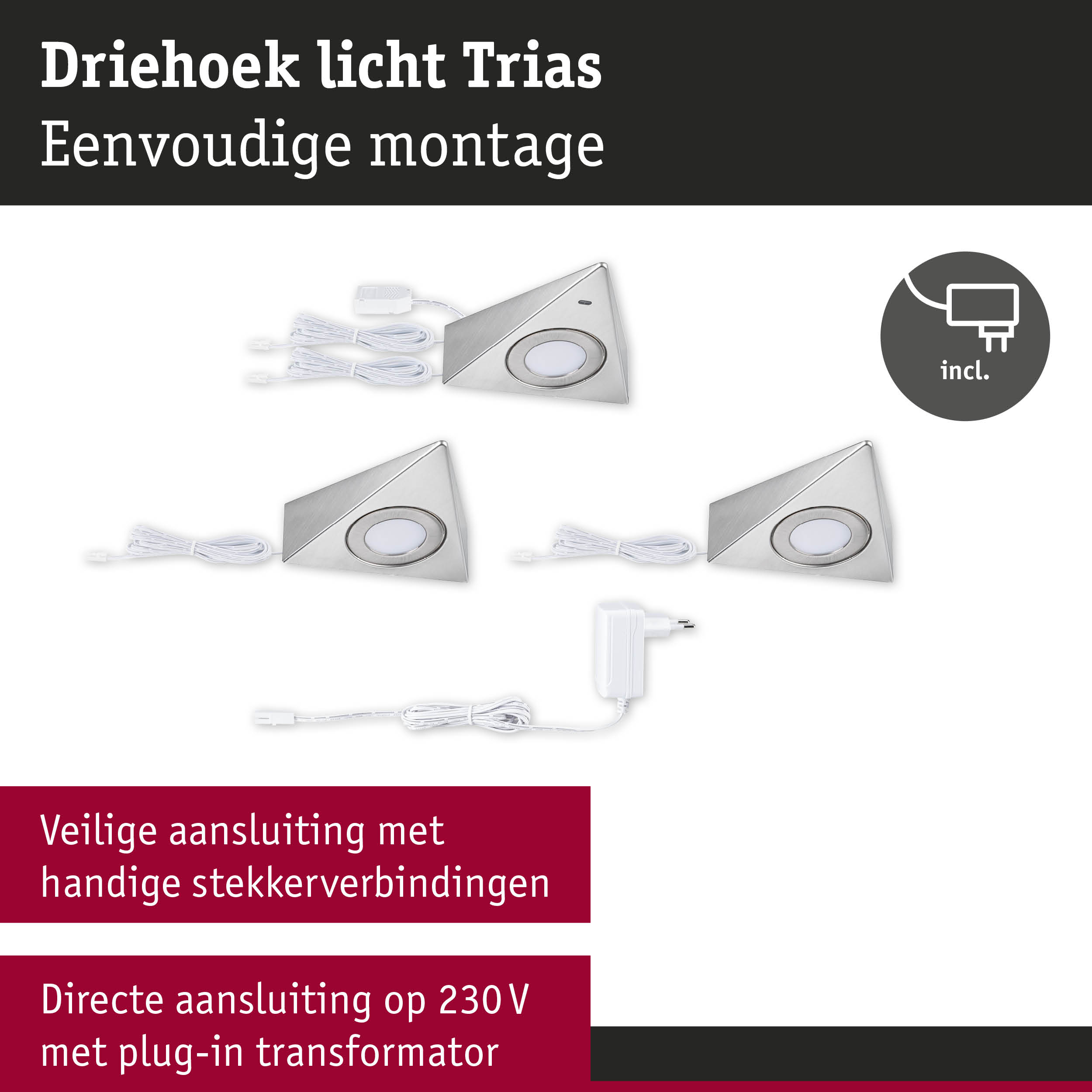 Driehoekige LED-inbouwspots van roestvrij staal met eenvoudige montage en plug-in transformator voor woonverlichting