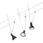Three black metal LED cable spotlights on silver wires for modern interior lighting