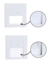 Twee witte LED-wand inbouwlampen met verschillende kunststof lichtkappen voor binnenverlichting