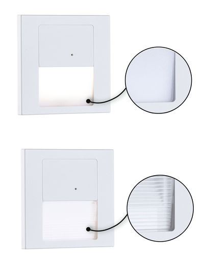 Twee witte LED-wand inbouwlampen met verschillende kunststof lichtkappen voor binnenverlichting