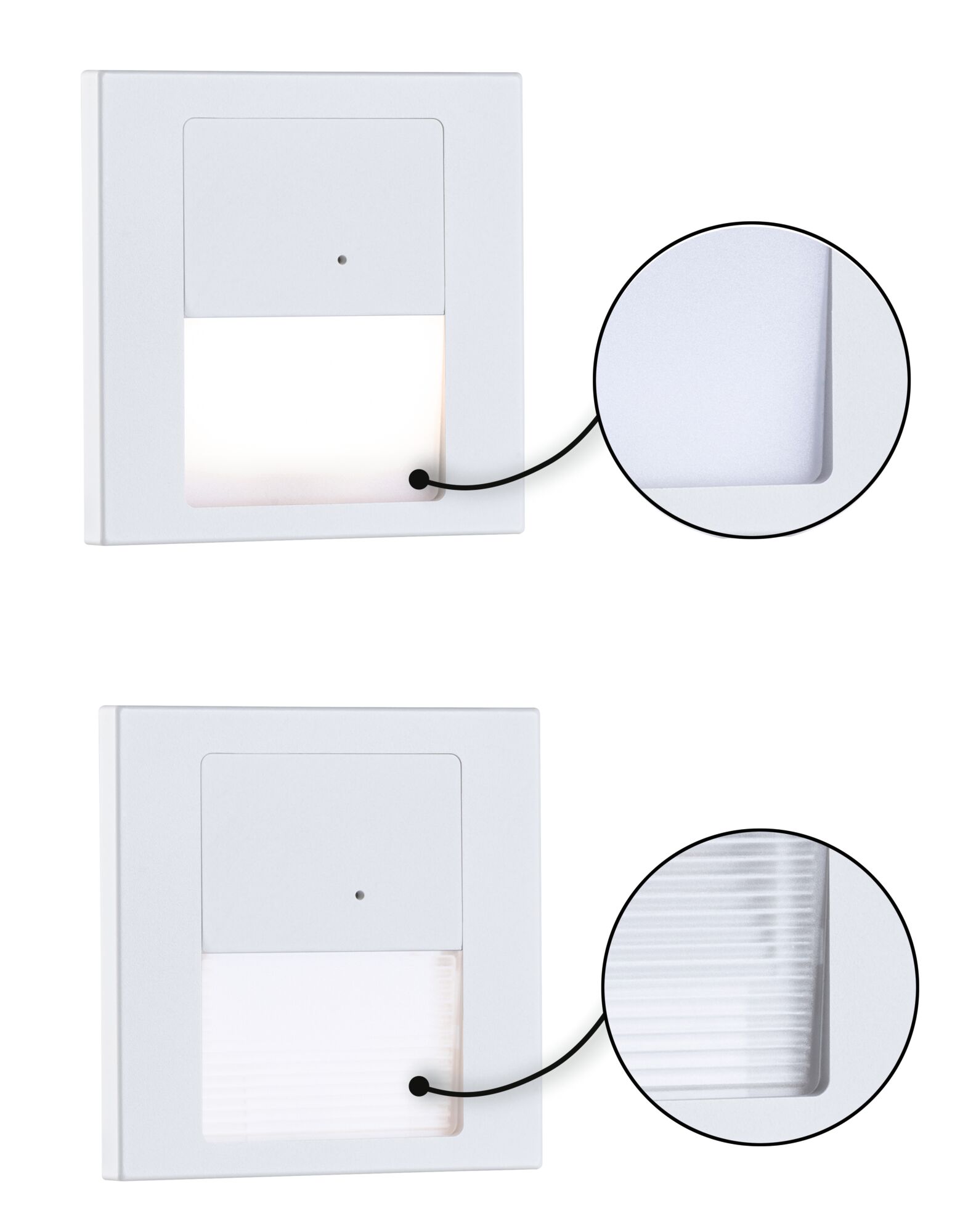 Two white LED wall recessed lights with different plastic light covers for indoor lighting solutions