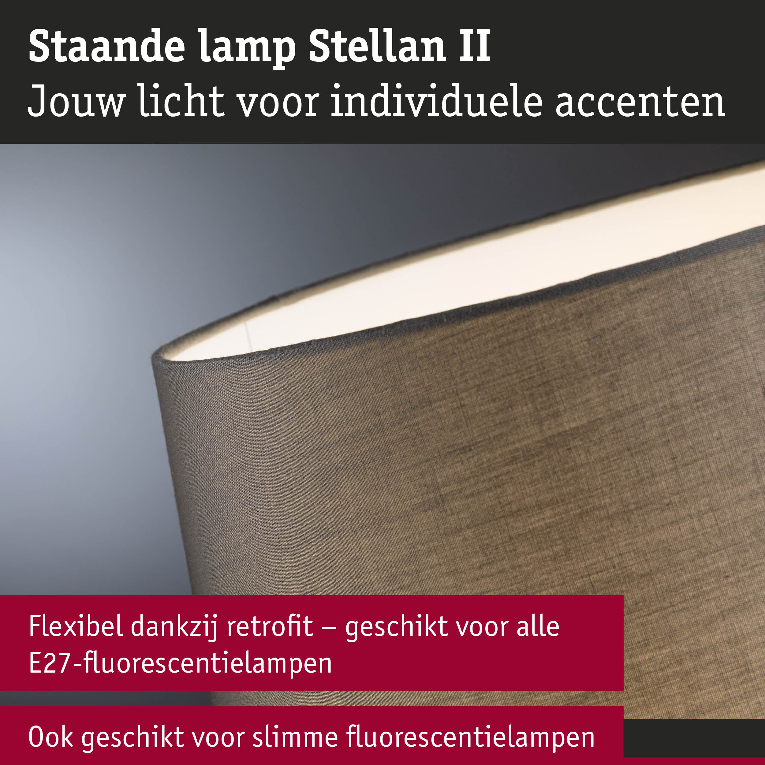 Staande lamp Stellan II met bruine stoffen kap en warm licht voor woonruimtes