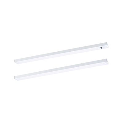 Two white LED under-cabinet lights made of plastic for modern kitchen lighting