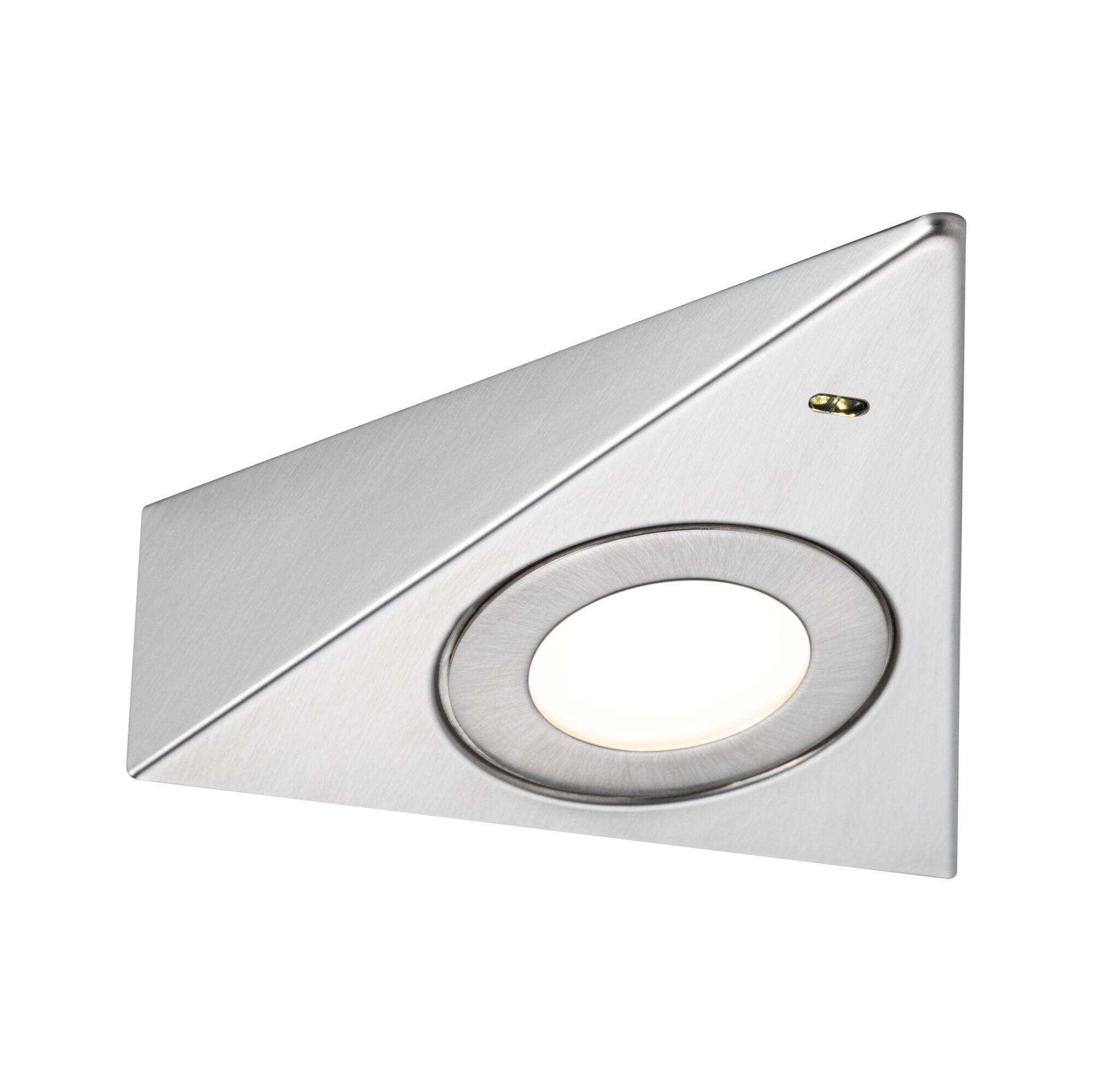 Triangular LED recessed light in brushed stainless steel with warm white light for modern indoor lighting