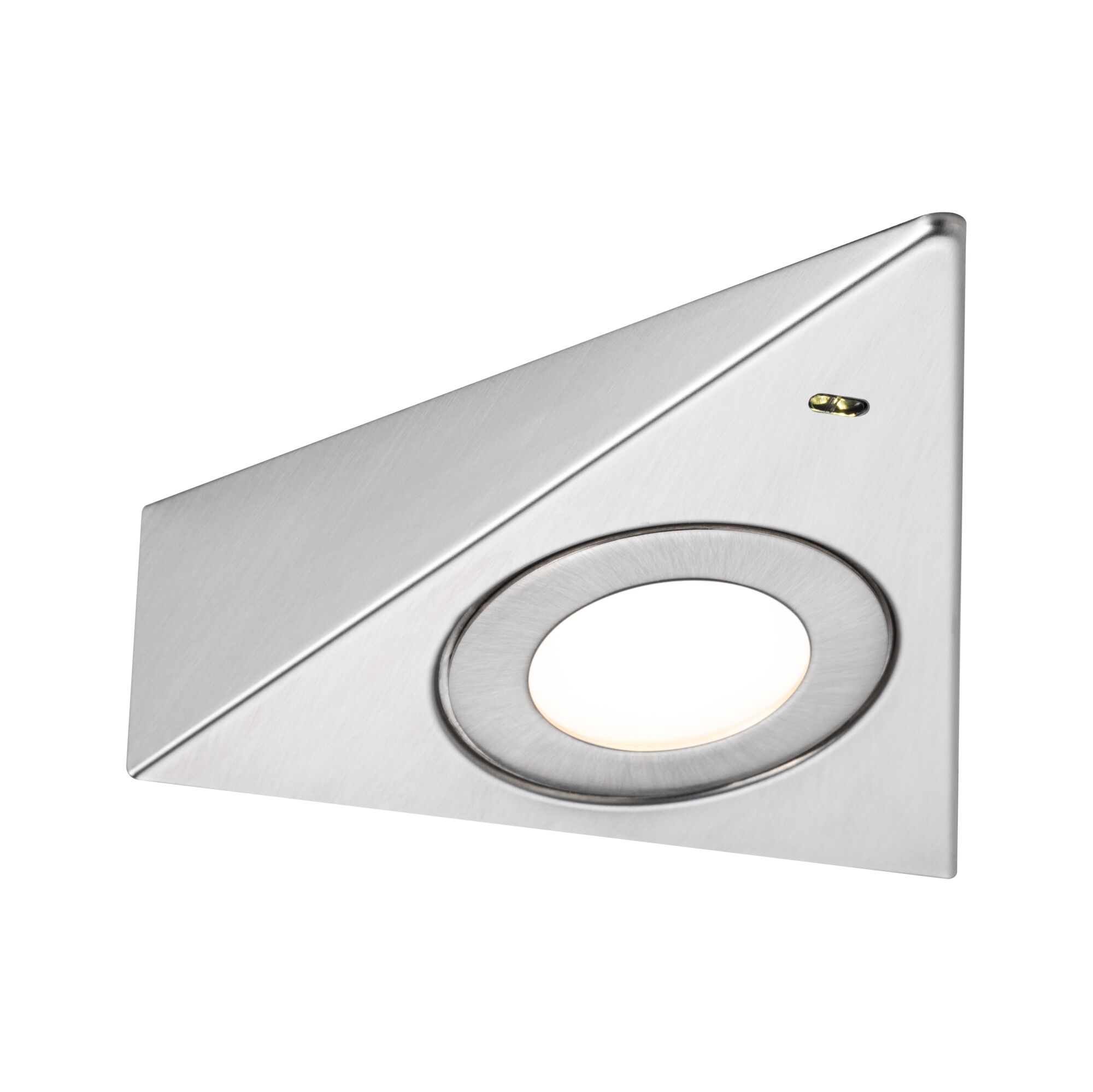 Triangular recessed LED light in brushed stainless steel with warm white light for modern interiors