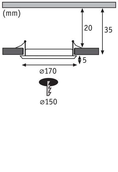 Technische Zeichnung eines Einbau-LED-Panels mit 170 mm Durchmesser und 35 mm Einbautiefe